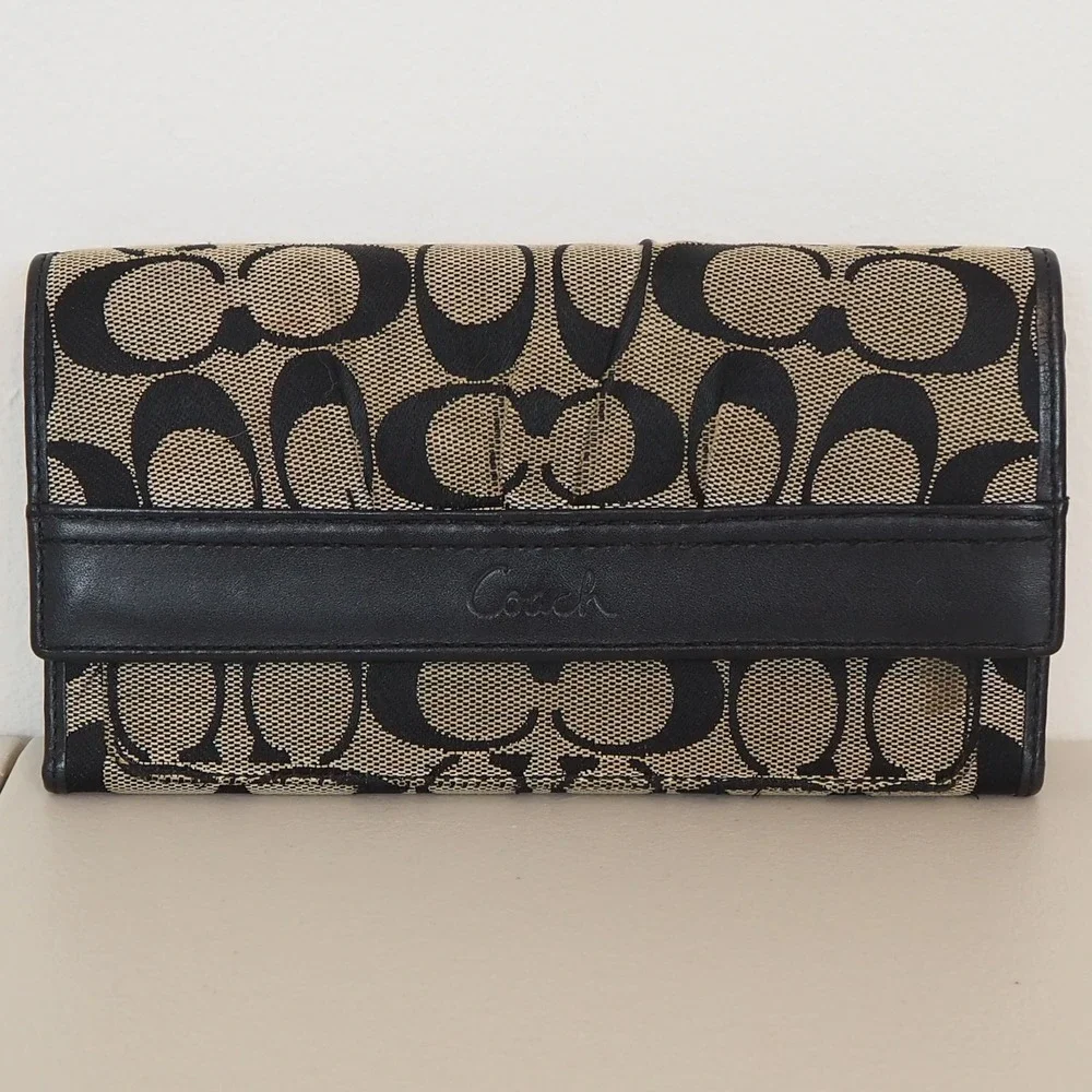 Coach Tri-Fold Wallet Women's‎ Black Signature Canvas Leather Trim Snap Closure